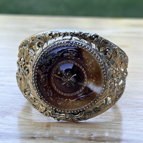 VTG‎ Whiting Davis Hinged Bracelet 6.25 Medallion Floral Glass Gold Plated Rare - Picture 1 of 12